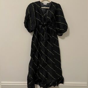 GANNI Silk Linen Puff-Sleeve Tie-Waist Midi Dress